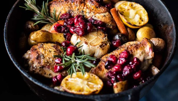 Skillet cranberry roasted chicken and potatoes