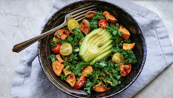 kale, roasted sweet potatoes, avocado, salad