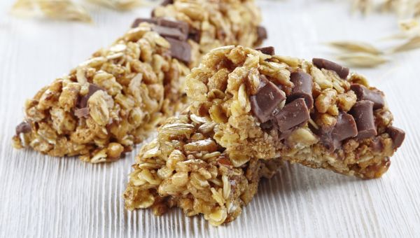 Granola bar with chocolate and grains and other ingredients with plenty of hidden sugar.