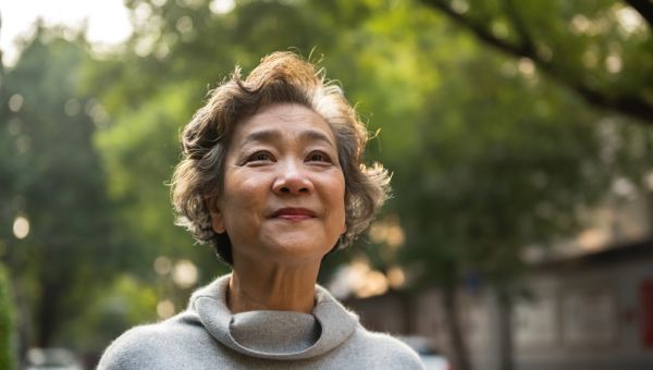 a happy, energetic middle-aged Asian American woman smiles and looks hopefully beyond the camera