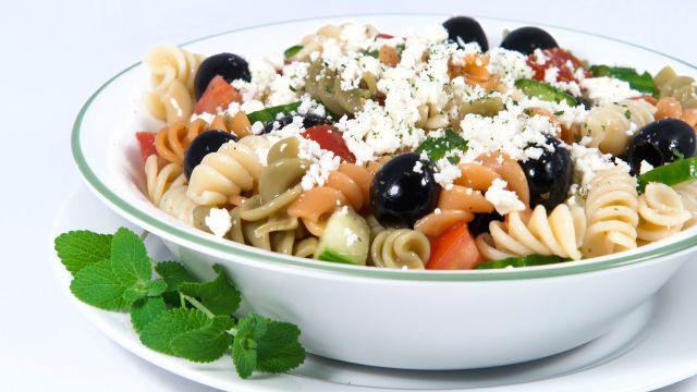 watercress, olives, pasta salad