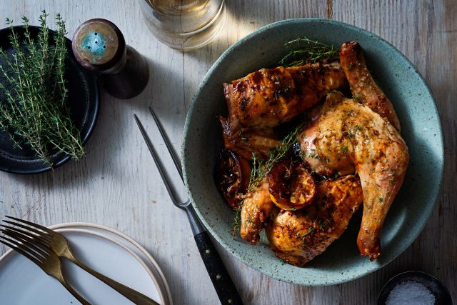 Roasted chicken parts on plate from the What To Eat When Cookbook