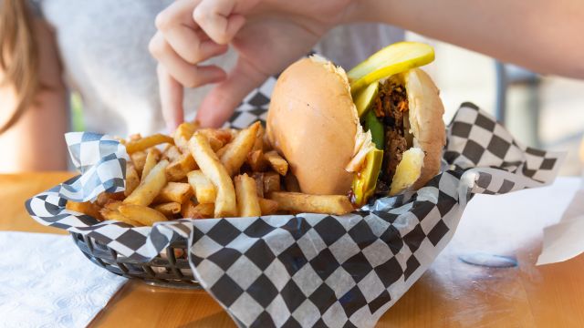 a large lentil burger and fries