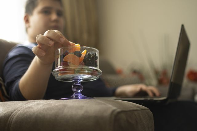 an overweight teenage boy using a computer helps himself to a jar of candies 