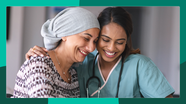 A woman living with ovarian cancer shares a moment with her doctor.