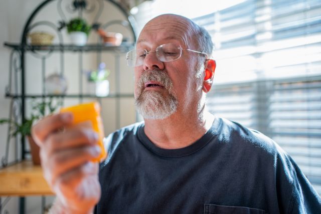 mature man examining prescription bottle