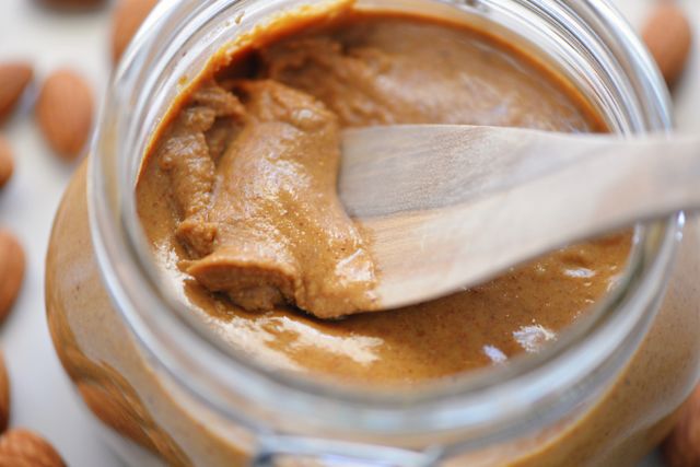 closeup of almond butter in jar