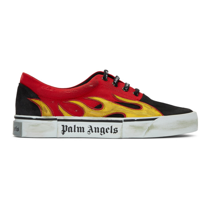 PALM ANGELS PALM ANGELS BLACK AND RED DISTRESSED FLAME SNEAKERS