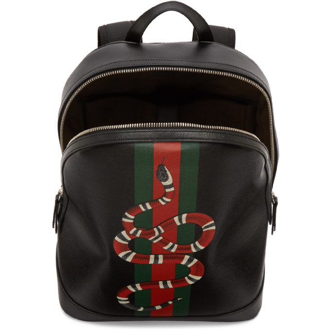 GUCCI Web And Kingsnake Print Leather Backpack - Black Leather | ModeSens