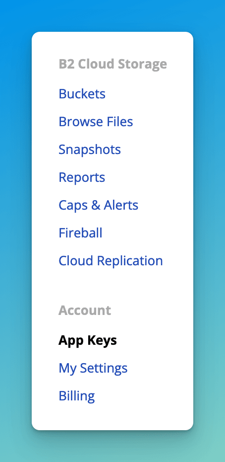 The B2 menu in the sidebar showing app keys selected