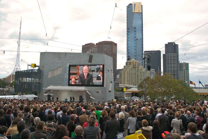 Watching a public broadcast of then Prime Minister Kevin Rudd’s historic Apology to the Stolen Generations in Federation Square, Melbourne. Picture: Wikipedia
