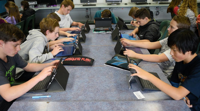 Year 7 students from Eltham High School in Melbourne collaborate using the online tool. Picture: Australian Learning Lecture