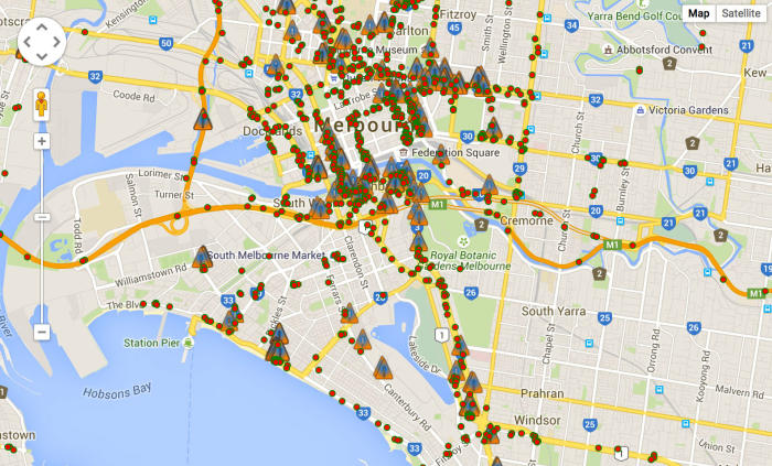 Volume of tweets distributing through Melbourne’s main roads. Image courtesy of AURIN.