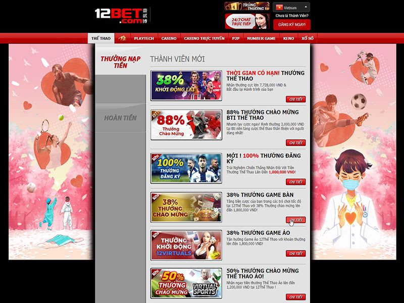 Tổng hợp các khuyến mãi hấp dẫn tại nhà cái 12BET khuyen mai 12bet - Tổng hợp các khuyến mãi hấp dẫn tại nhà cái 12BET
