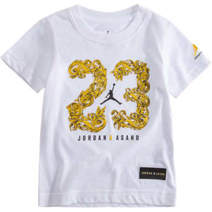 white and gold jordan shirt