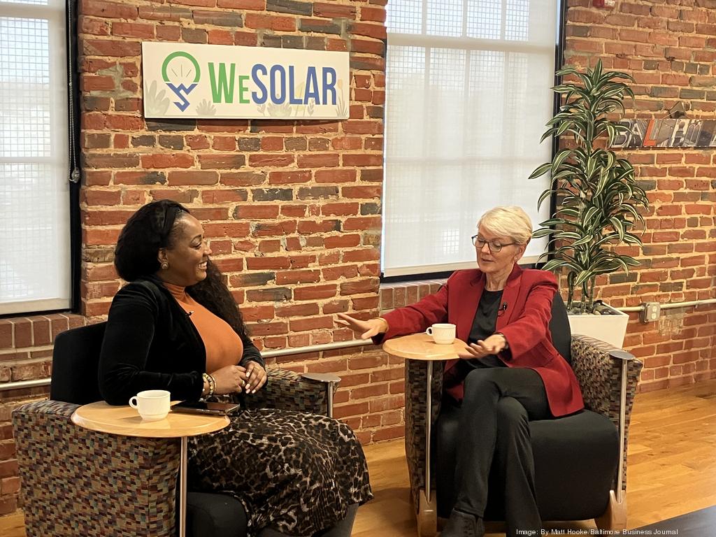 <span style="white-space: pre-wrap;">WeSolar founder Kristal Hansley (left) and U.S. energy secretary Jennifer Granholm (right) discussing how the inflation reduction act could help grow the solar power industry.</span>