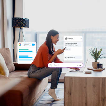 A woman on a couch uses a laptop and phone, with floating search bars and chat windows for gift ideas.
