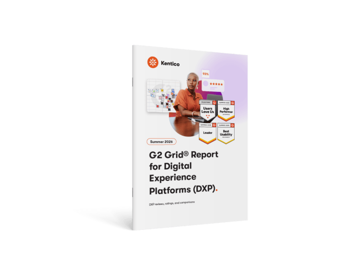 A white report cover for "G2 Grid Report for Digital Experience Platforms (DXP)" with a woman at a computer.