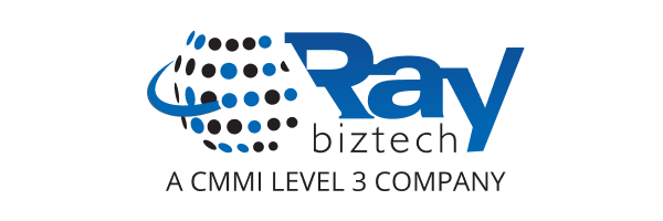 Ray biztech logo with a blue and black globe icon and the text "A CMMI LEVEL 3 COMPANY" below.