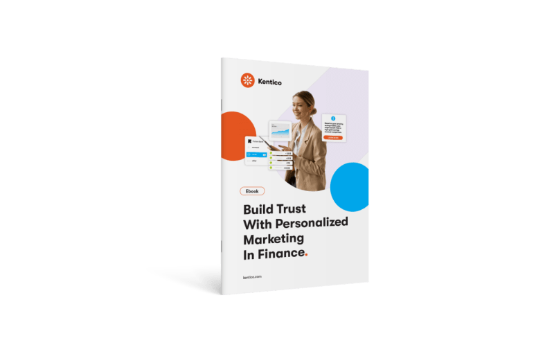 A white ebook titled "Build Trust With Personalized Marketing In Finance" with a woman interacting with data visualizations.