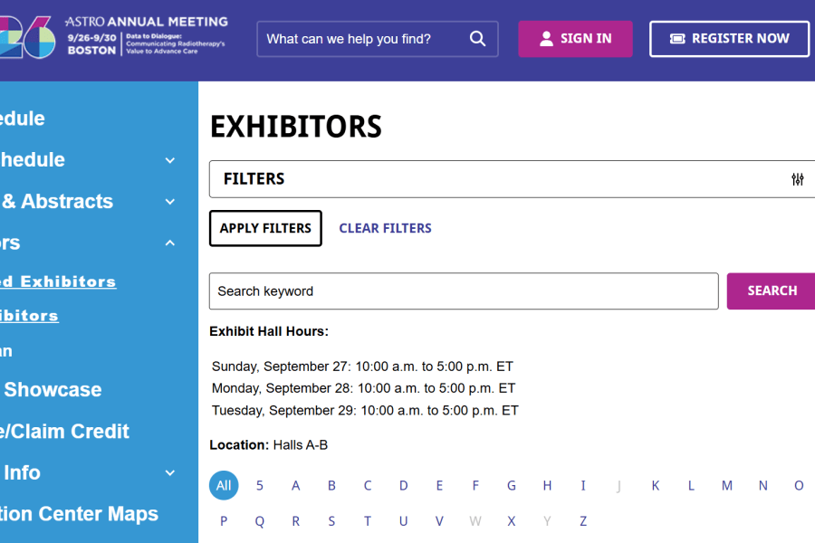 A website interface showing the Exhibitors page with a search bar, filters, and exhibit hall hours.