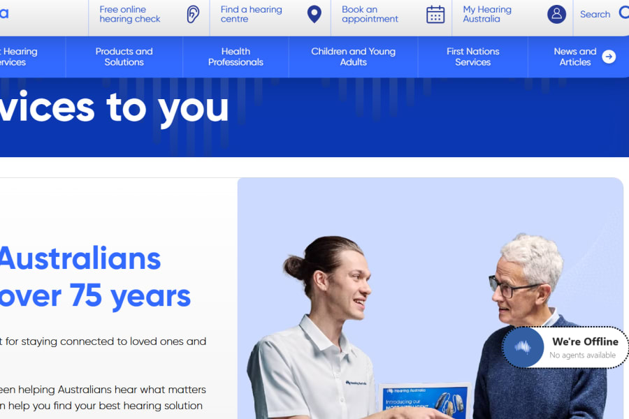 Hearing Australia website homepage featuring the heading Our services to you and Helping Australians hear for over 75 years.
